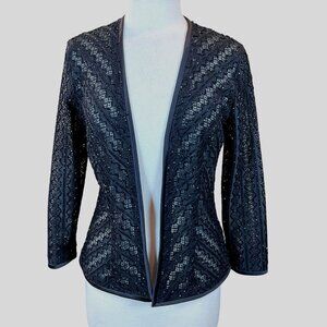 Bob Mackie Long Sleeve Black Open Front Lacy Beaded Evening Jacket Sz 8